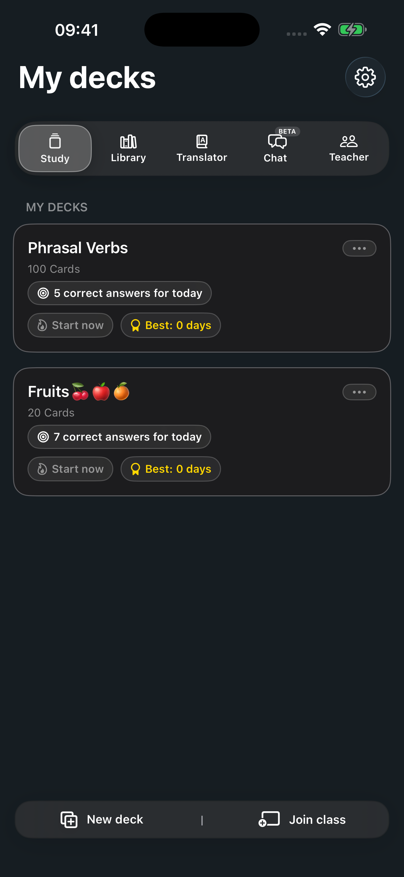 Tela de estudo de flashcards