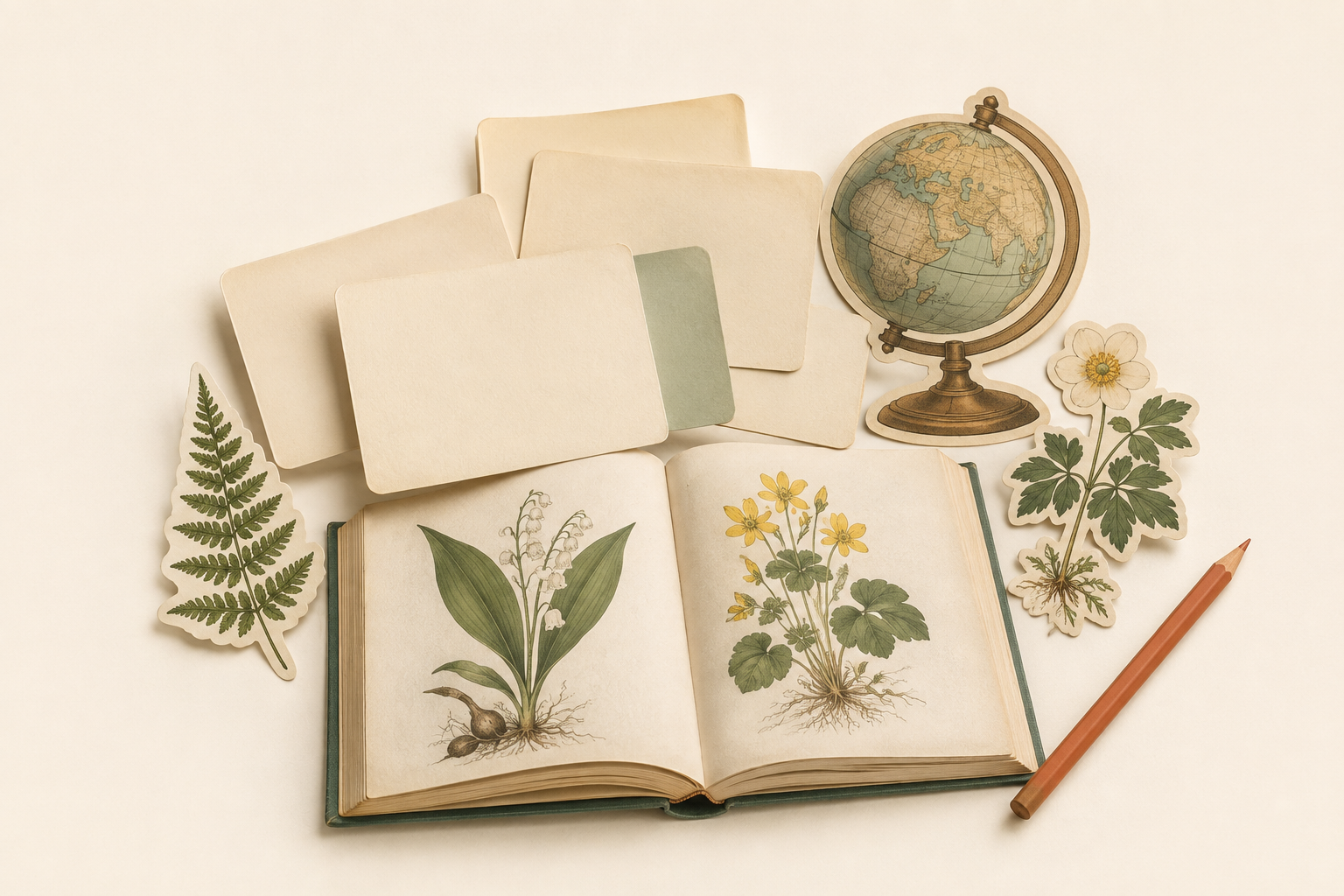 Composição de flashcards de papel, um livro de botânica, um globo e um lápis