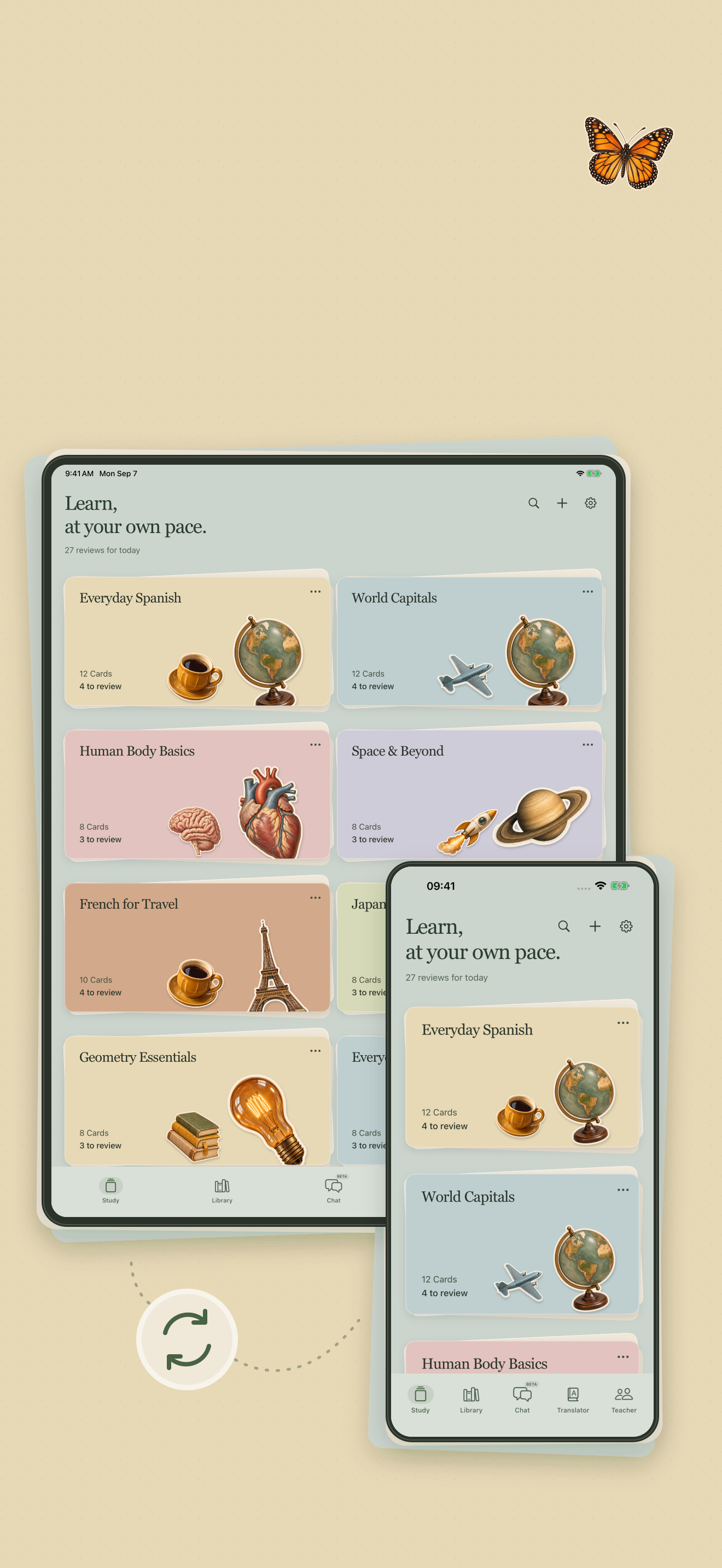 MindCards no iPad e no iPhone, lado a lado, com os mesmos decks de estudo e stickers nas duas telas.